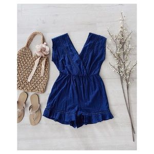 Francesca's Miami Blue Plunge Floral Romper